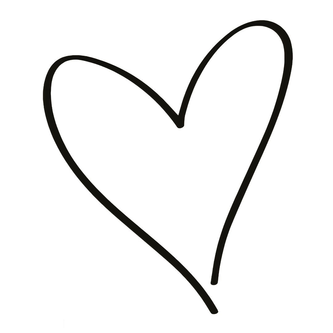 Hand-sketched heart outline temporary tattoo on white background, single loose fineline stroke, slightly tilted.