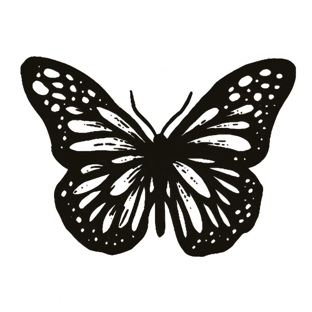 Bold blackwork butterfly temporary tattoo with white negative-space veins and dot markings on white background.
