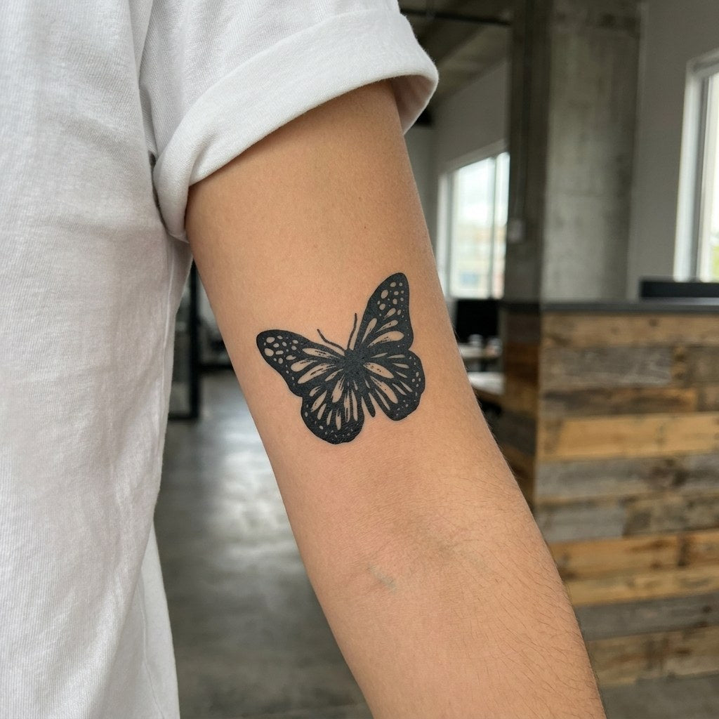 Bold blackwork butterfly temporary tattoo with white negative-space veins and dot markings on white background.