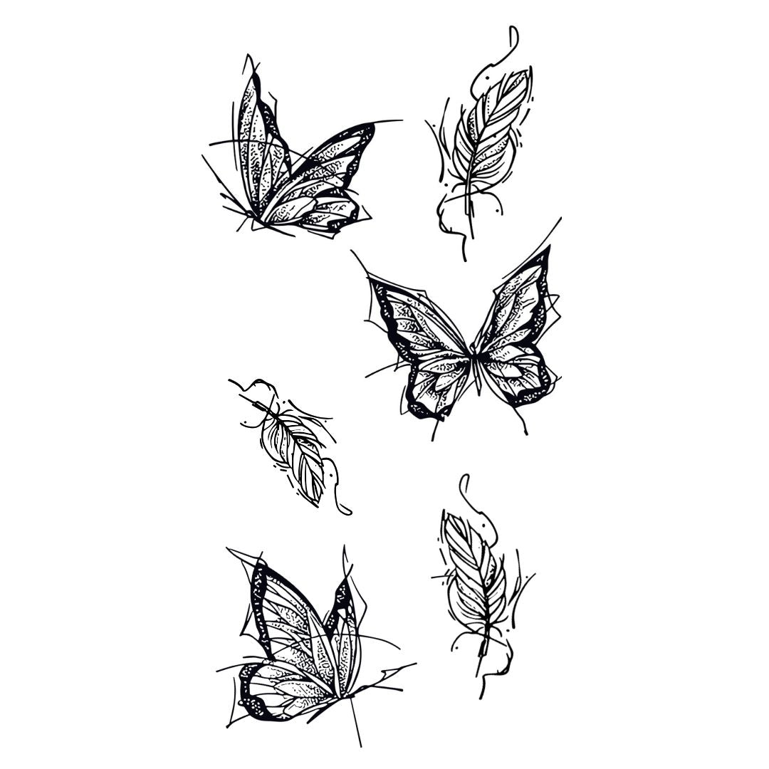 Butterflies & Feathers Temporary Tattoo, Fine Line Dotwork - 2 | Temporalis