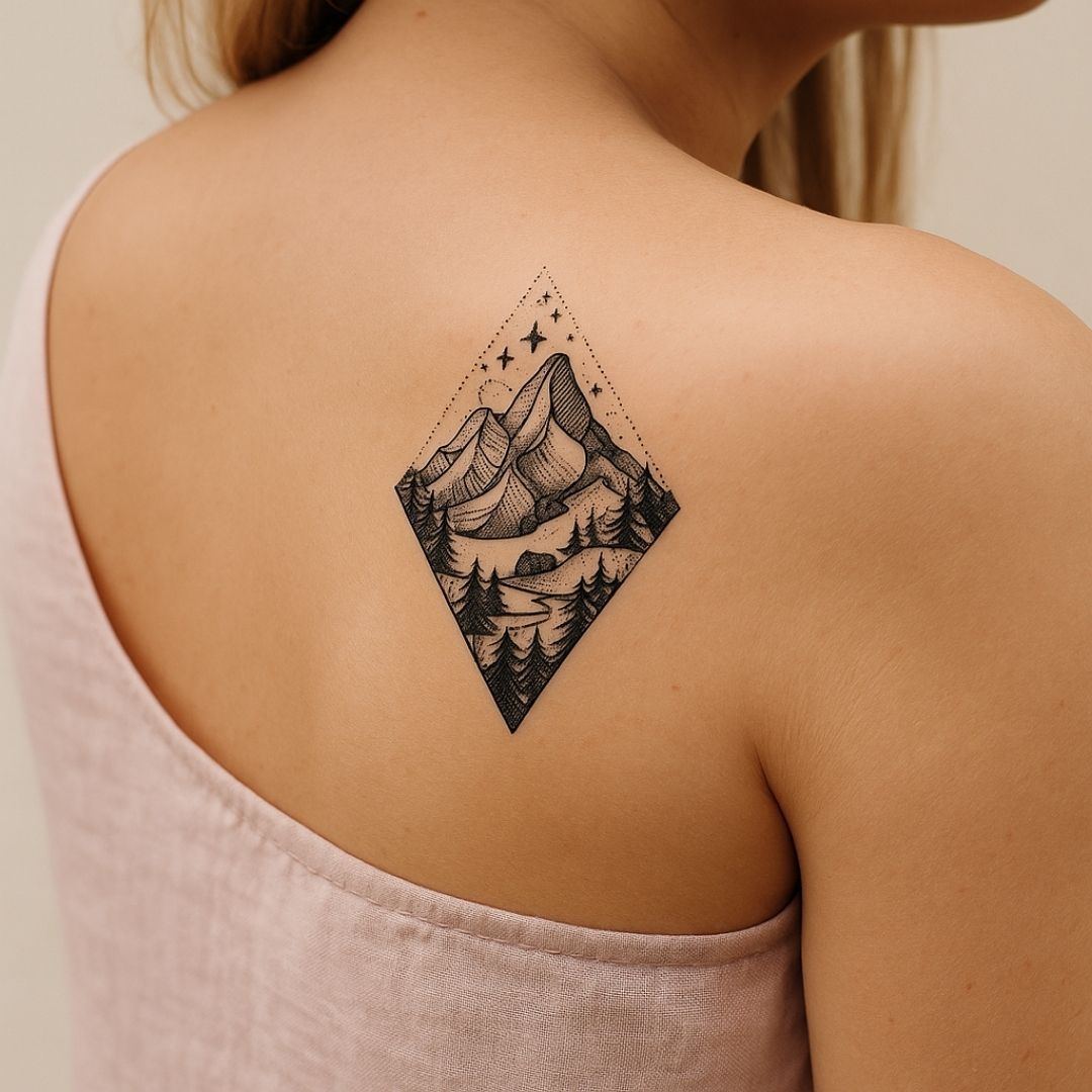Dotwork mountain cabin and pines temporary tattoo - 1 | Temporalis