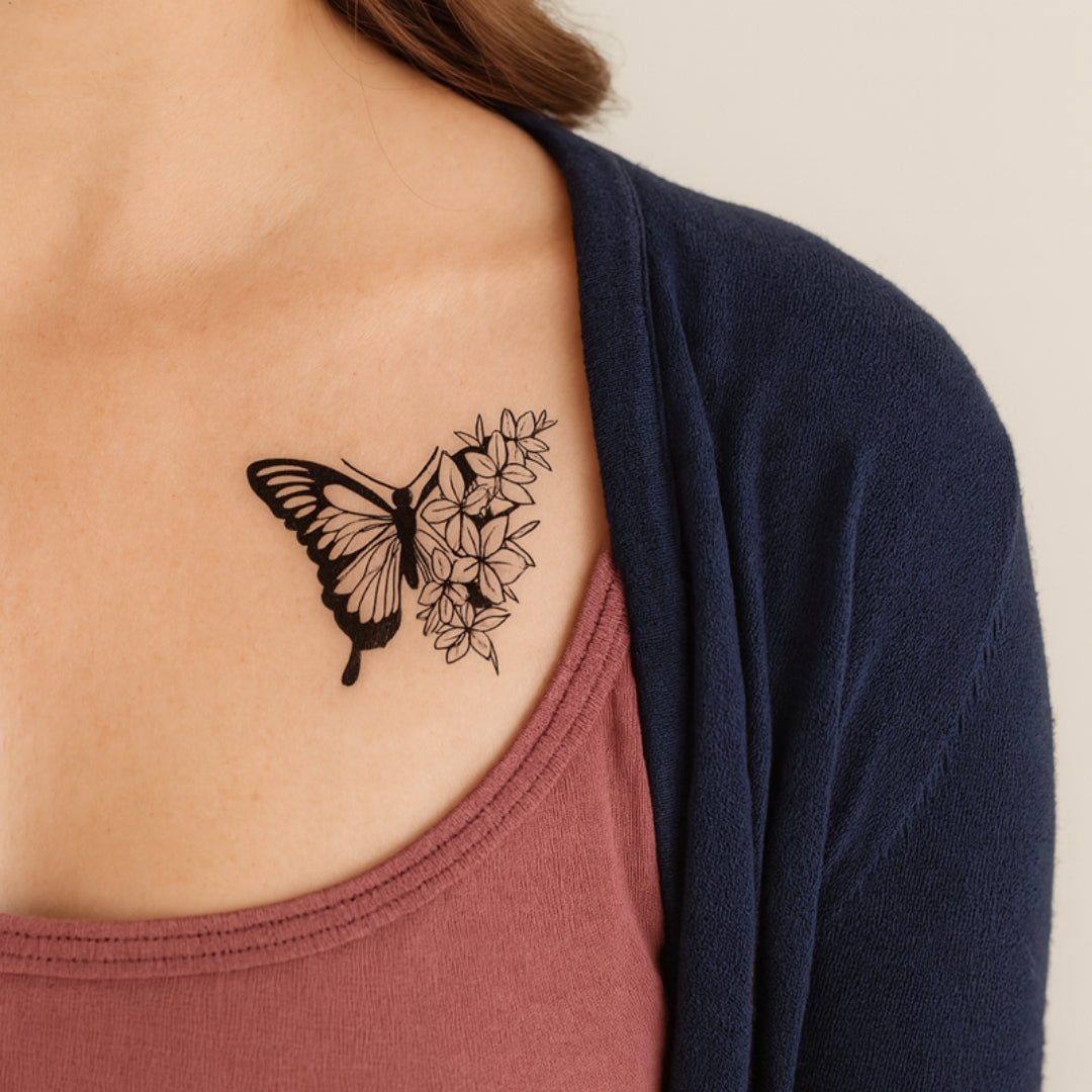 Fine Line Butterfly & Flowers Temporary Tattoo 1 - Temporalis
