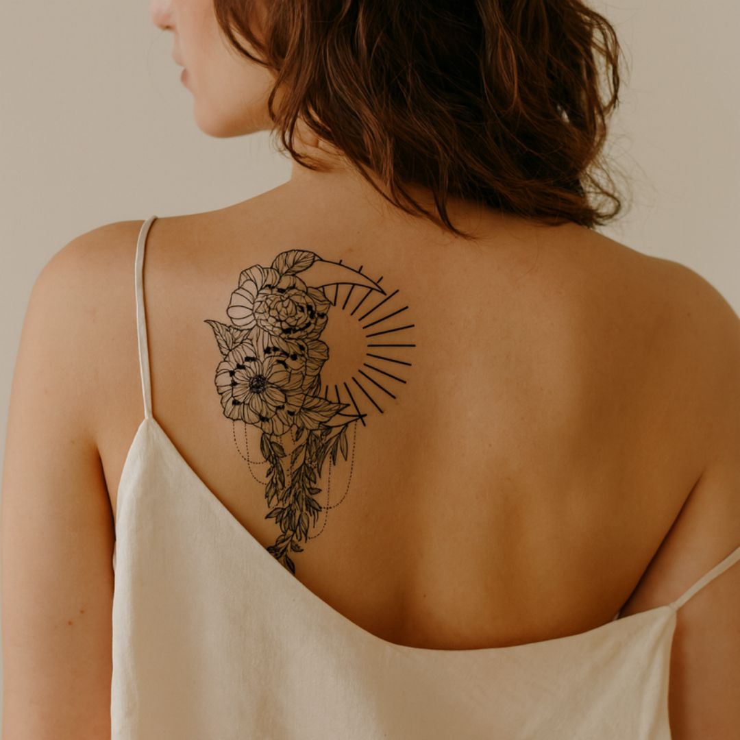 Fine line flowers, moon and sun temporary tattoo - 1 | Temporalis