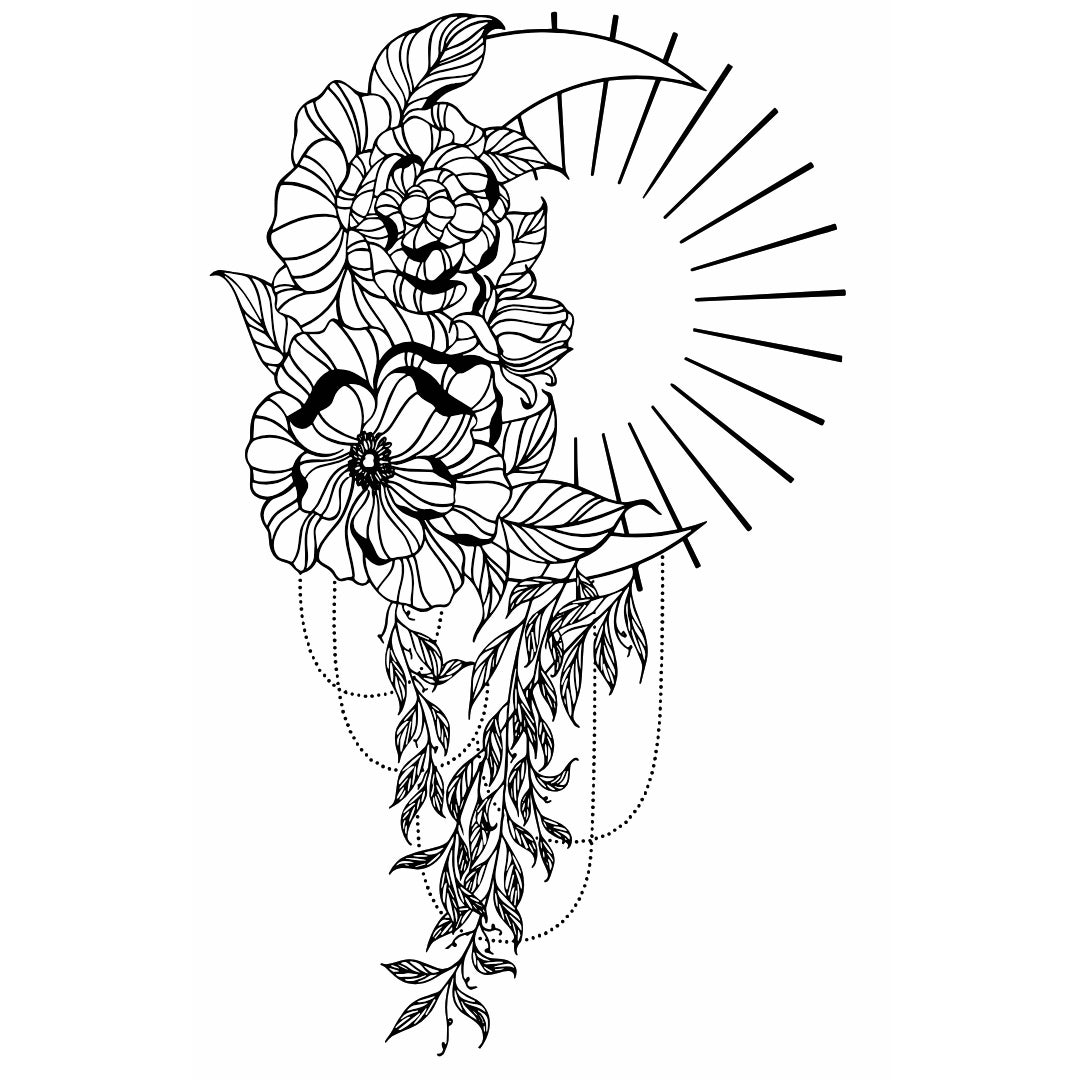 Fine line flowers, moon and sun temporary tattoo - 2 | Temporalis