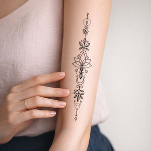 Lotus and crescent moon temporary tattoo, geometric line art - 1 | Temporalis