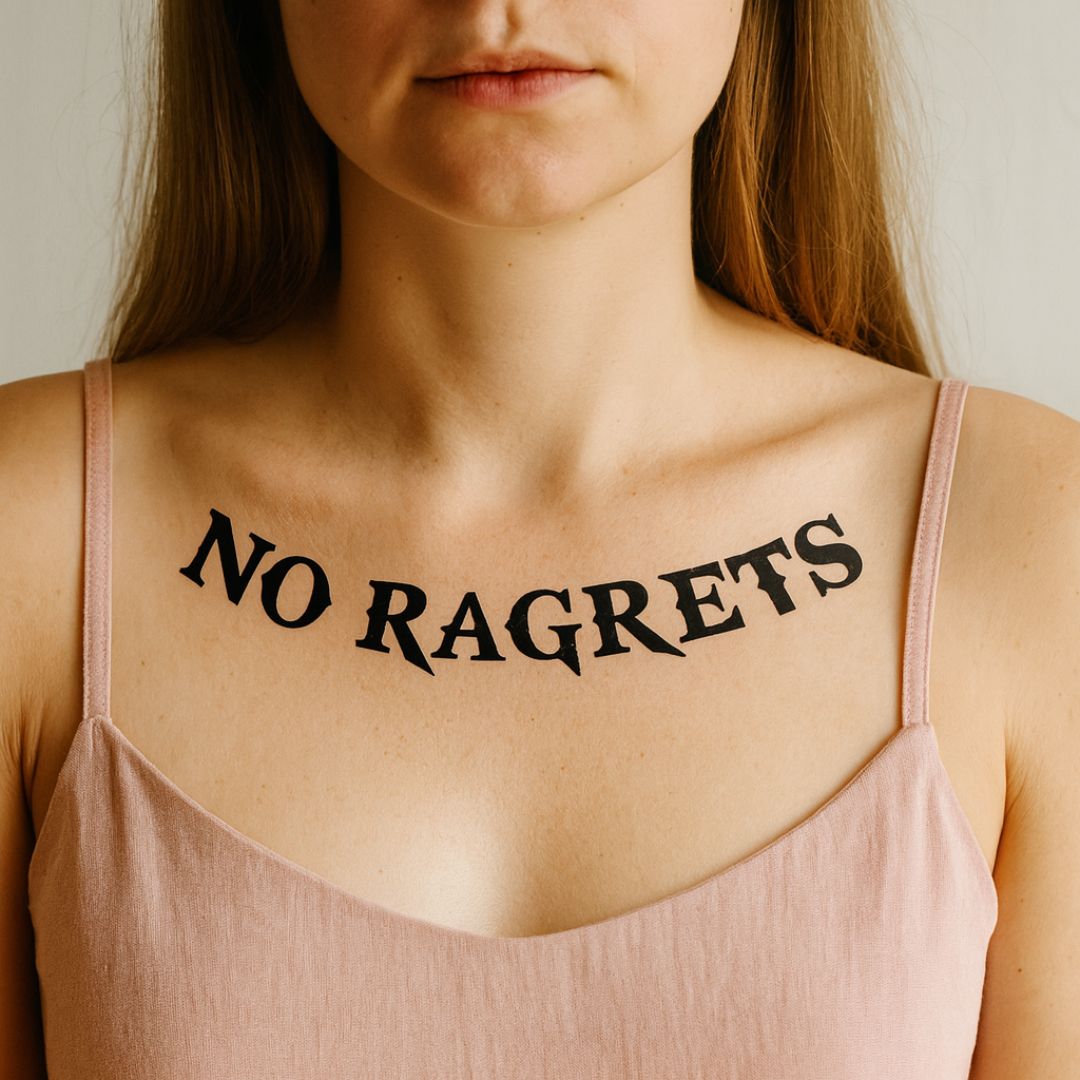 NO RAGRETS temporary tattoo - bold lettering - 1 | Temporalis