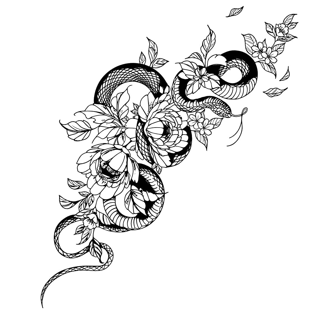 Snake with Flowers Linework Temporary Tattoo - 2 | Temporalis