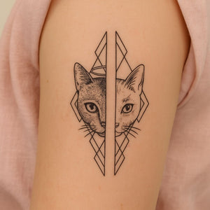 Split cat face temporary tattoo with geometric halo - 1 | Temporalis