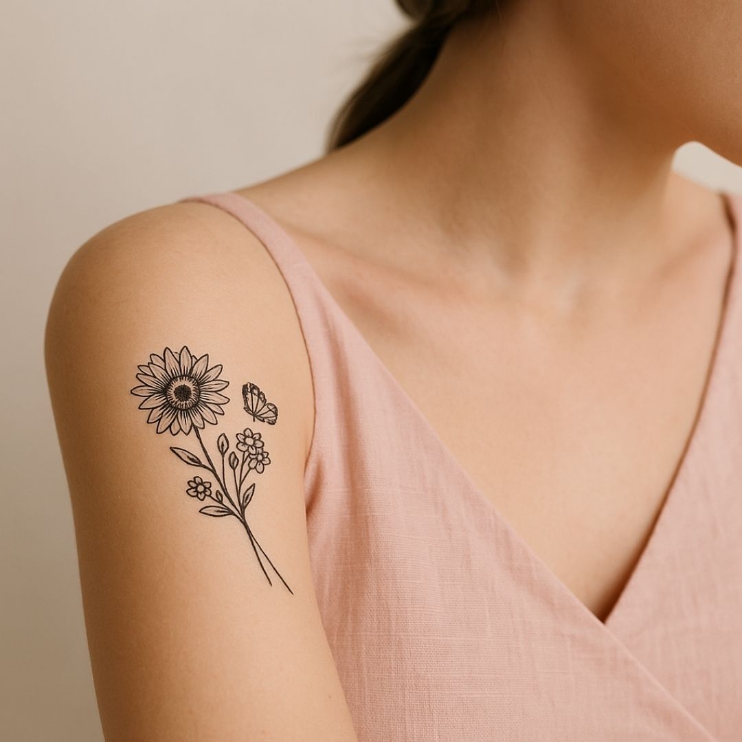 Sunflower & butterfly line art temporary tattoo - 1 | Temporalis
