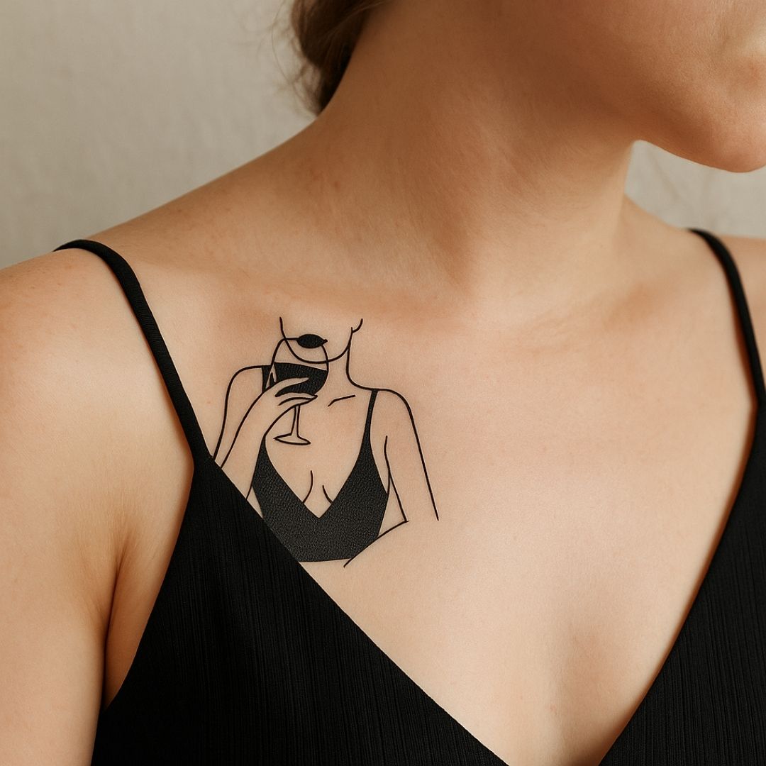 Woman with Wine Glass Temporary Tattoo – Minimal One - Line Art - 1 | Temporalis