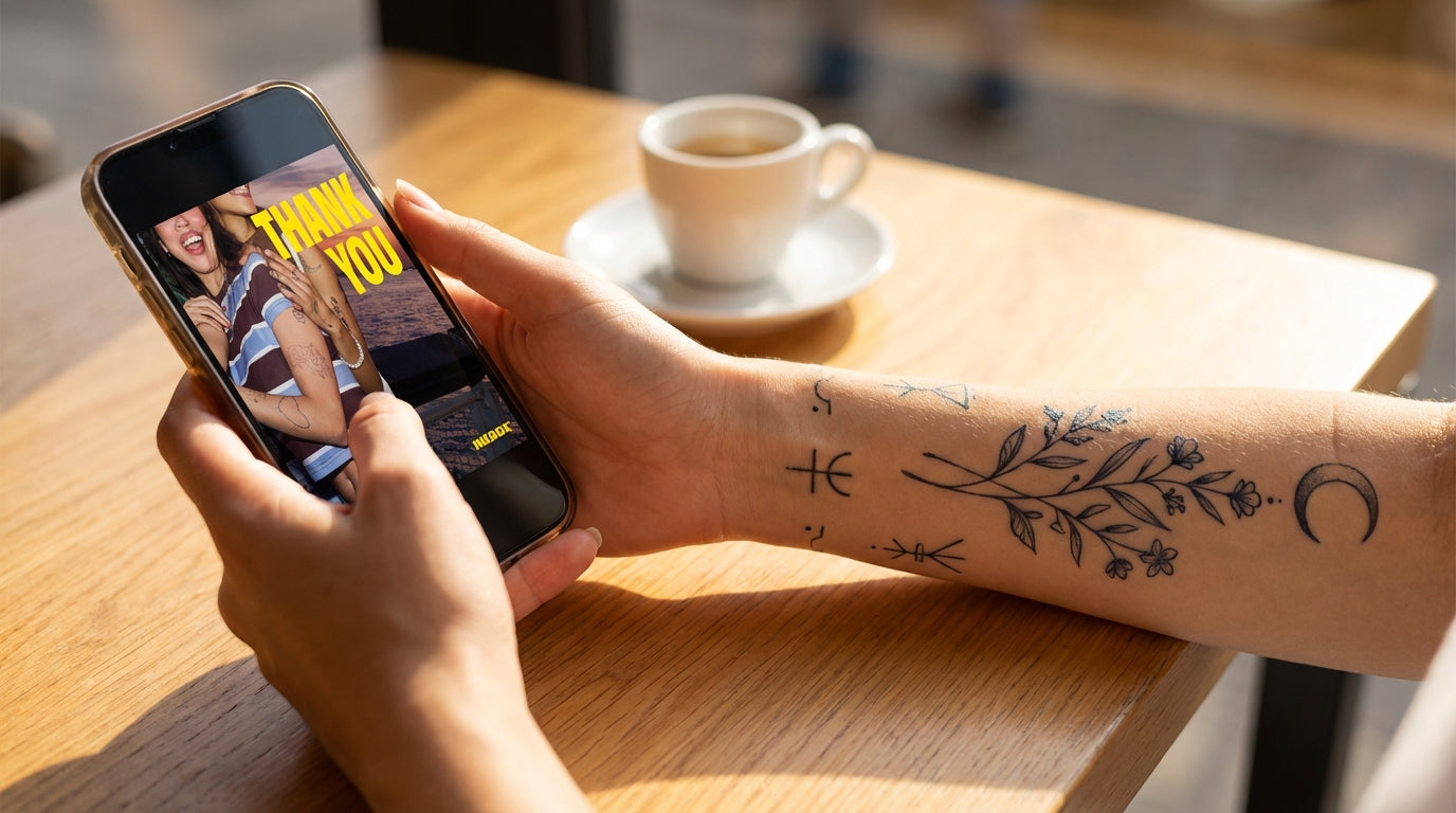 Woman holding phone showing Inkbox goodbye message while wearing jagua temporary tattoos on her forearm — fine-line botanical design in blue-black ink