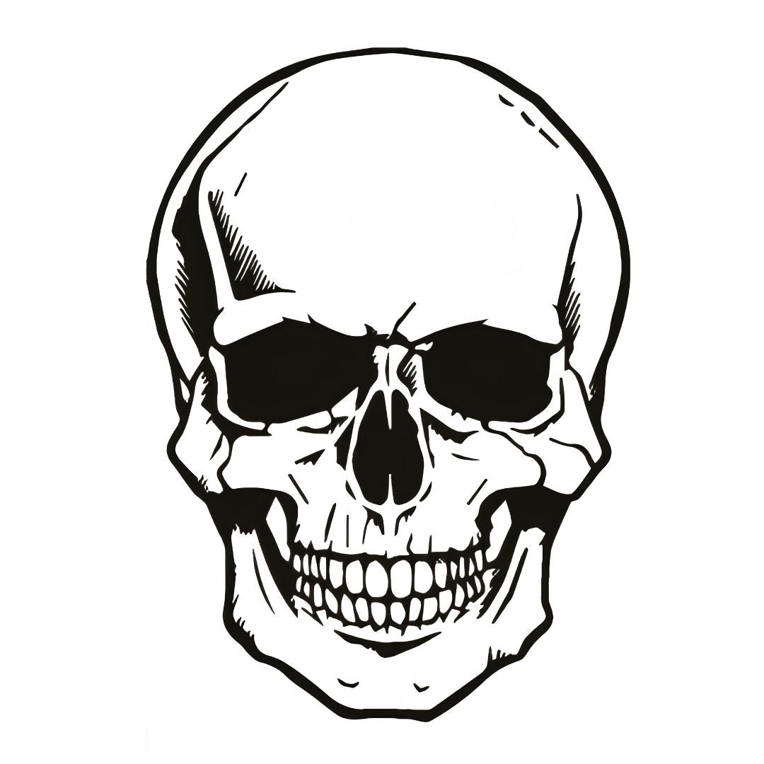 Detailed illustrative skull temporary tattoo, front-facing with shaded eye sockets and hatching, on white background.