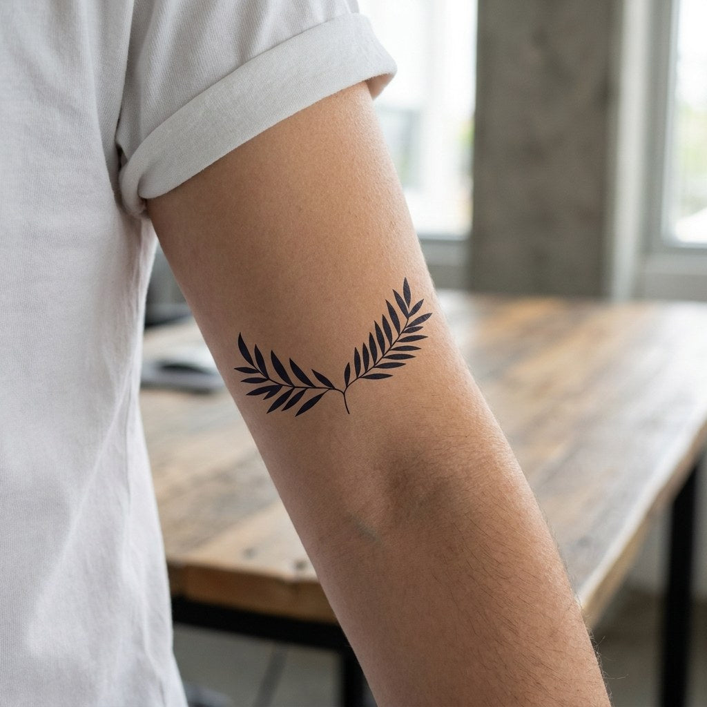 Symmetrical solid blackwork laurel branch arc temporary tattoo on white background, two olive branches curving from a single stem.