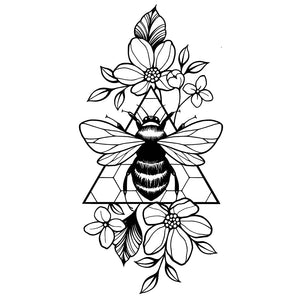 Bee with flowers & geometric triangle temporary tattoo - 2 | Temporalis