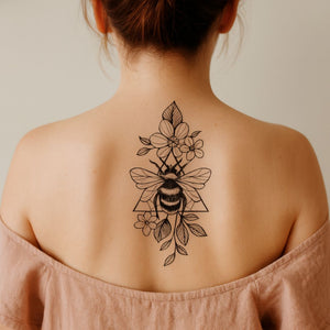 Bee with flowers & geometric triangle temporary tattoo - 1 | Temporalis