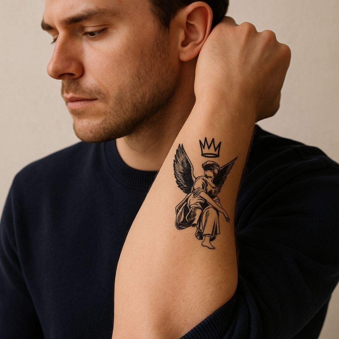 Blindfolded angel temporary tattoo with crown and wings - 1 | Temporalis