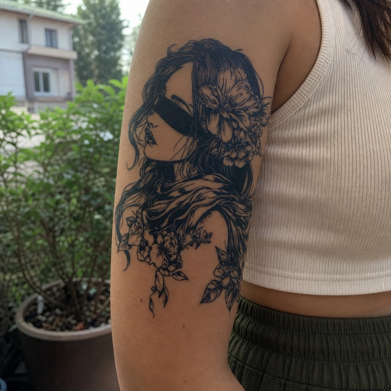 Blindfolded Floral Woman Tattoo - 1 | Temporalis