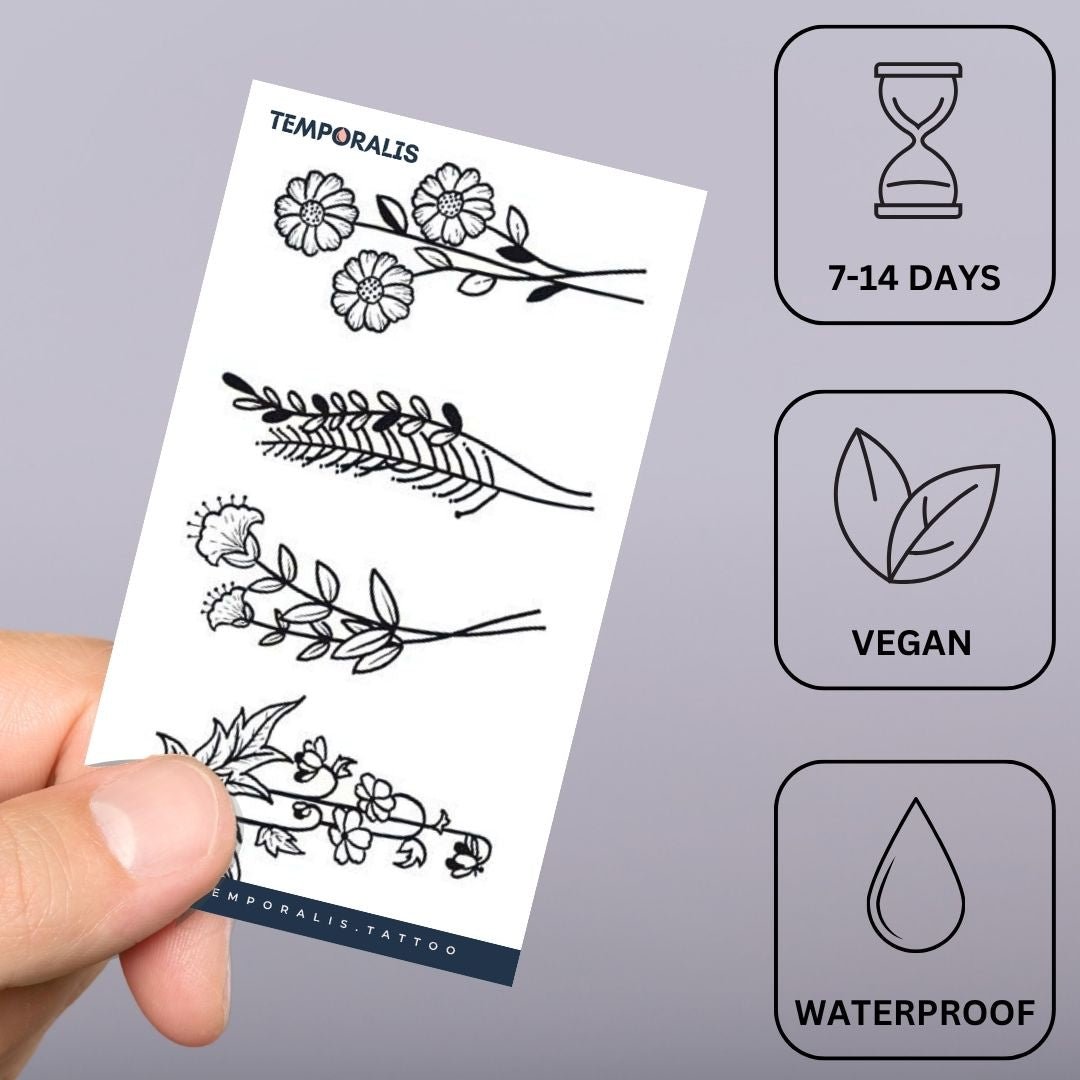 Botanical Floral Stems Tattoo Set - 3 | Temporalis