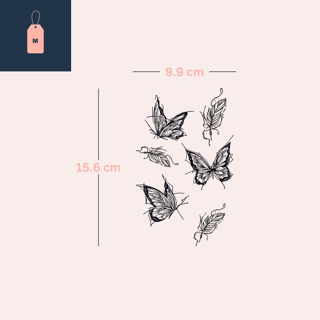 Butterflies & Feathers Temporary Tattoo, Fine Line Dotwork - 4 | Temporalis