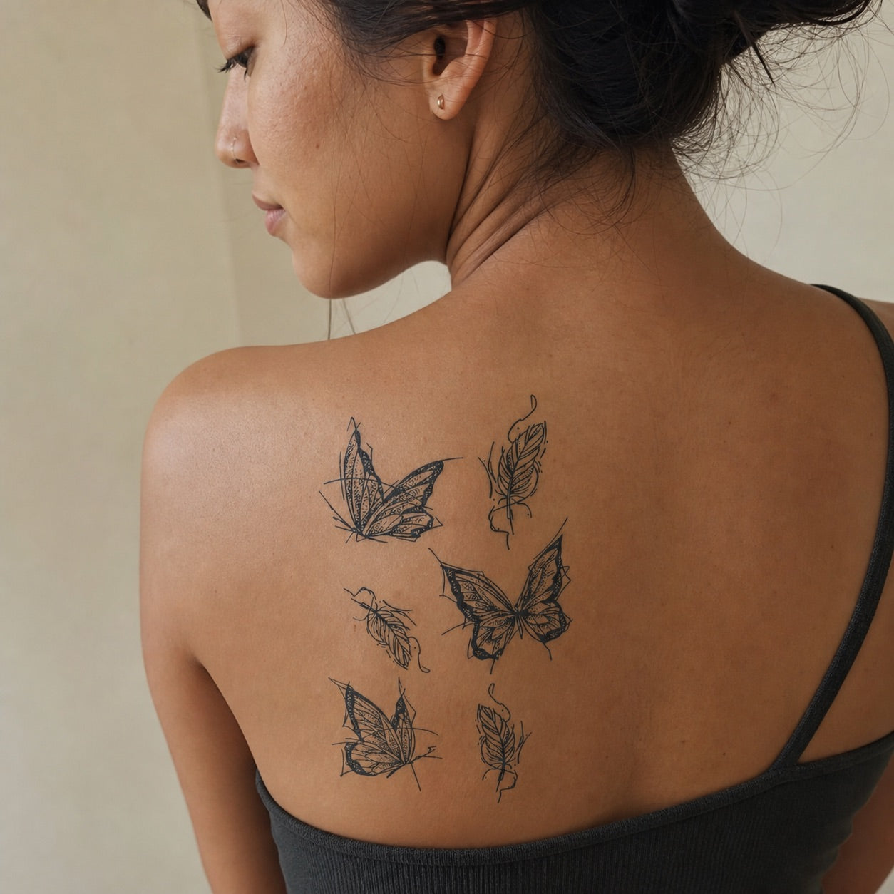 Butterflies & Feathers Temporary Tattoo, Fine Line Dotwork - 1 | Temporalis