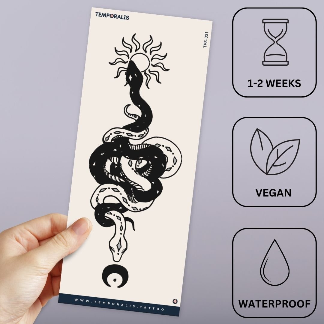 Coiled snake temporary tattoo with sun and yin yang - 3 | Temporalis