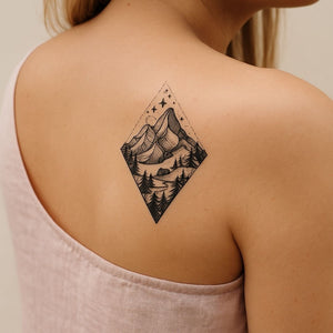 Dotwork mountain cabin and pines temporary tattoo - 1 | Temporalis