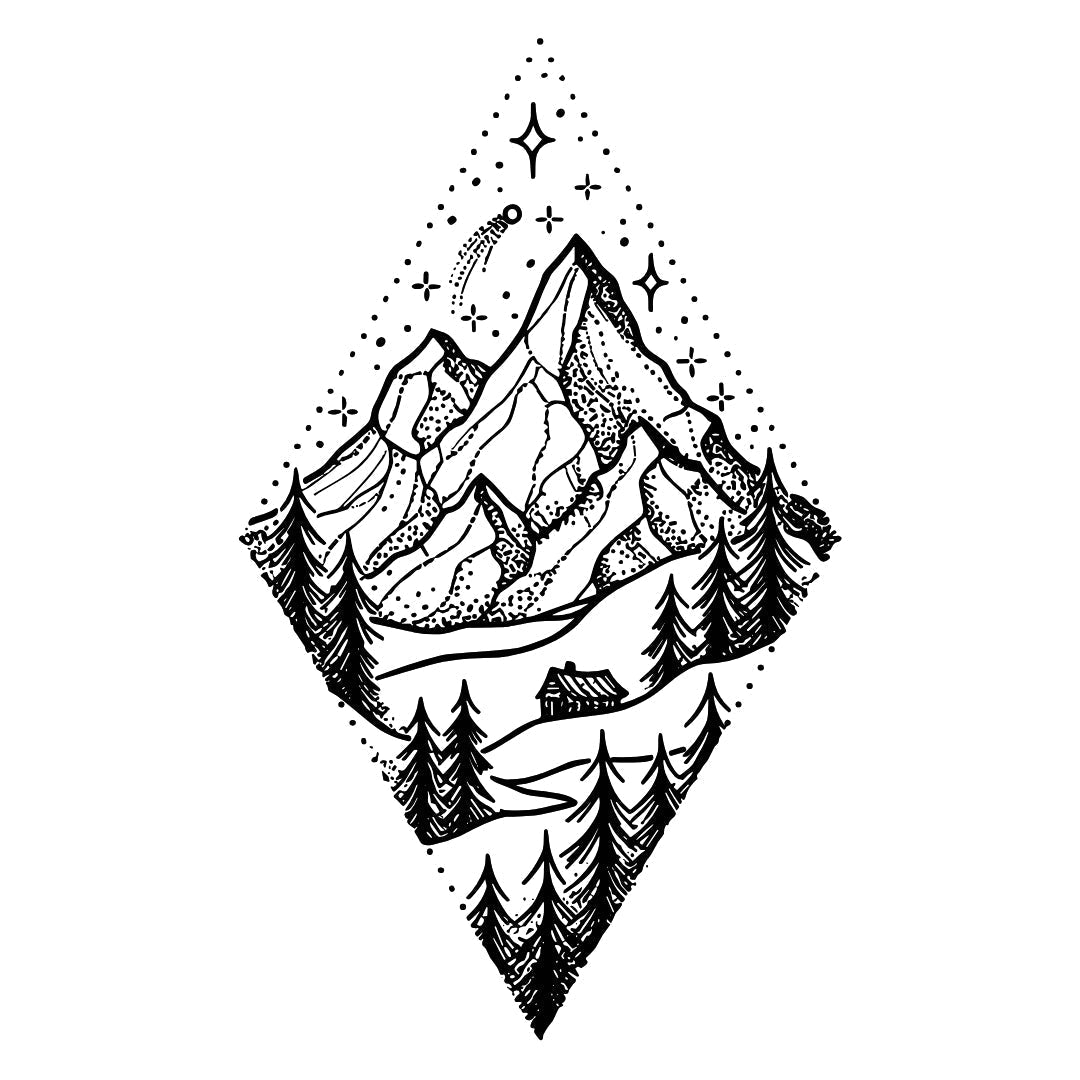 Dotwork mountain cabin and pines temporary tattoo - 2 | Temporalis