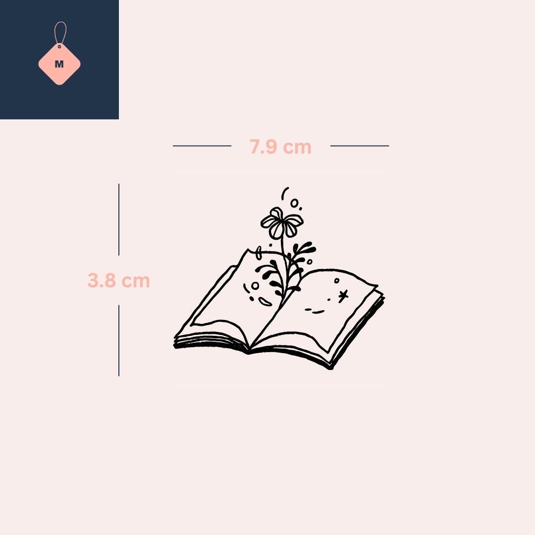 Fine line flower growing from an open book temporary tattoo - 4 | Temporalis