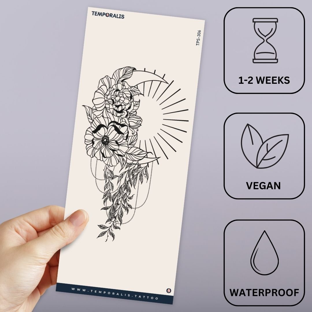 Fine line flowers, moon and sun temporary tattoo - 3 | Temporalis
