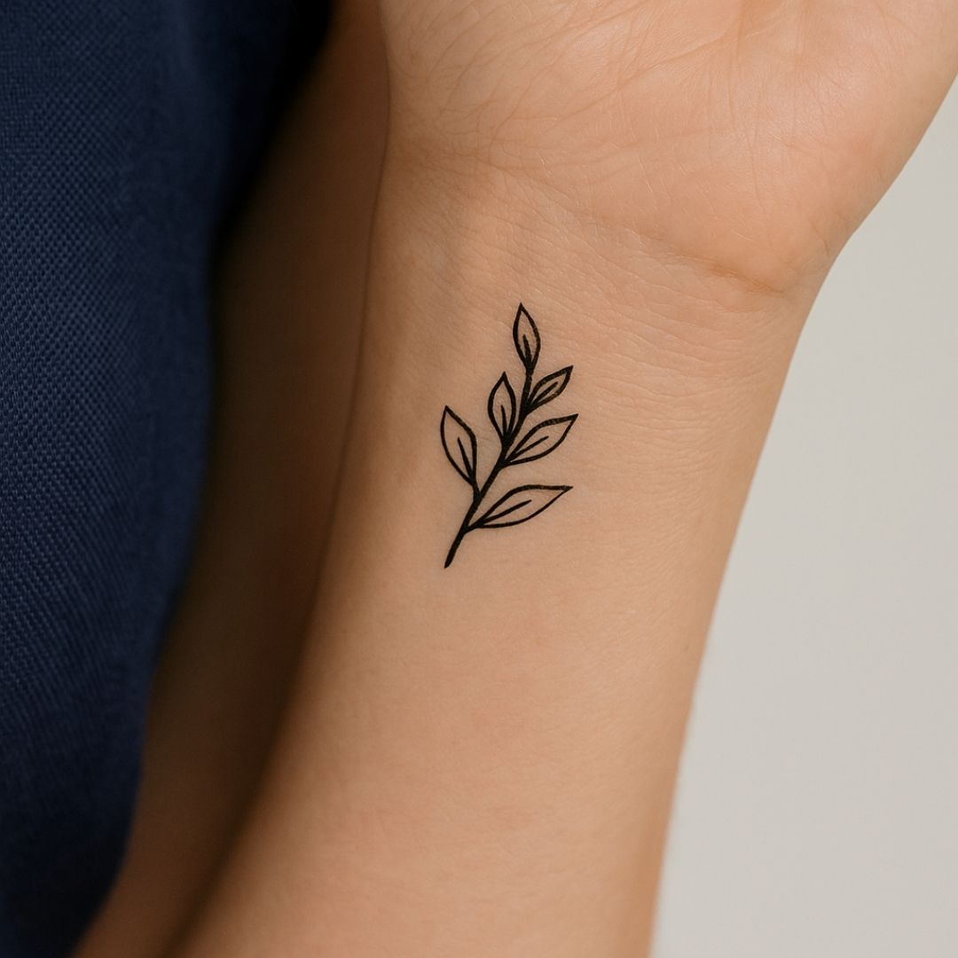 Fine line leafy branch temporary tattoo - 1 | Temporalis