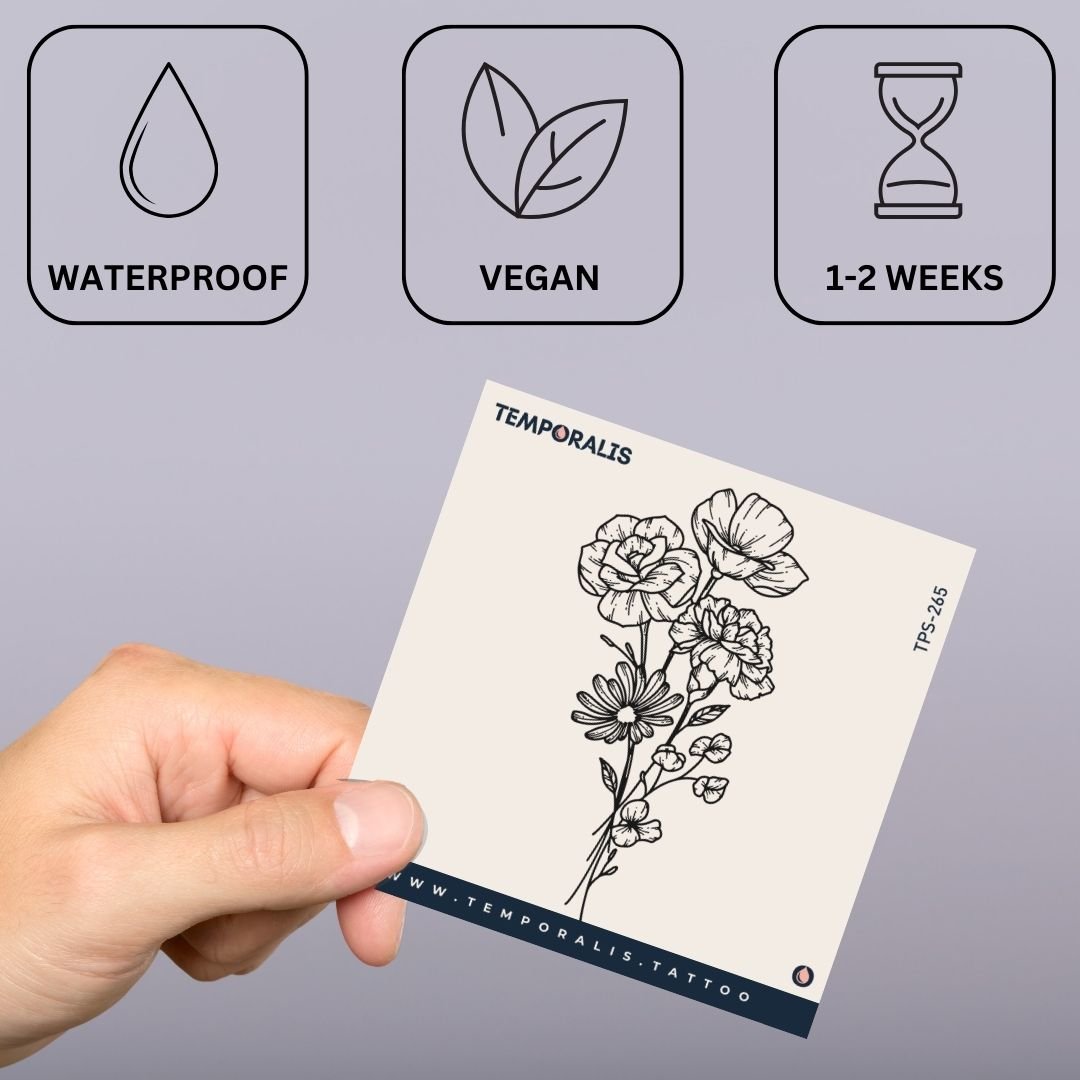 Floral bouquet temporary tattoo with rose, carnation and daisy - 3 | Temporalis