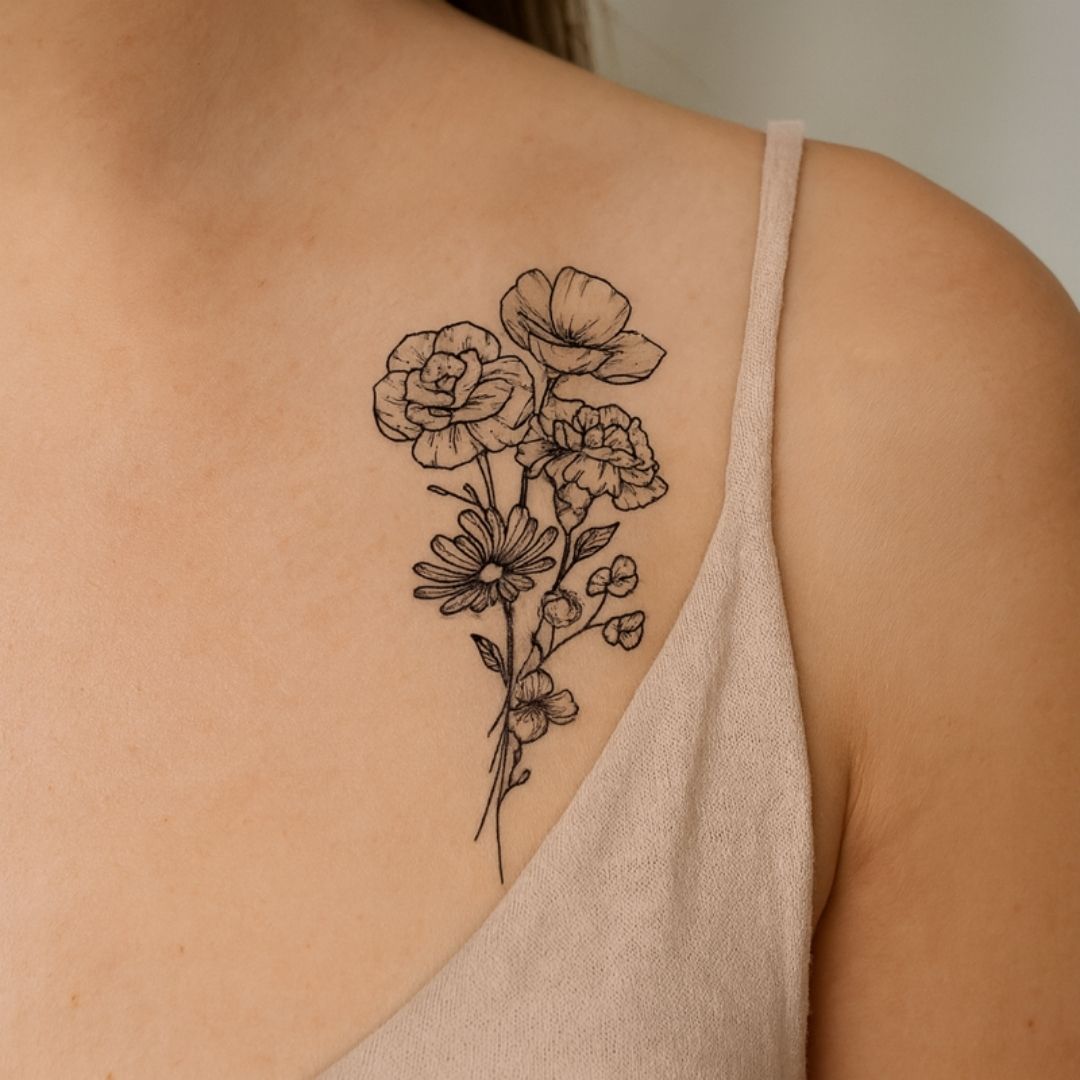 Floral bouquet temporary tattoo with rose, carnation and daisy - 1 | Temporalis