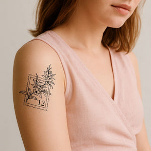 Floral Branch on Postage Stamp Temporary Tattoo - 1 | Temporalis