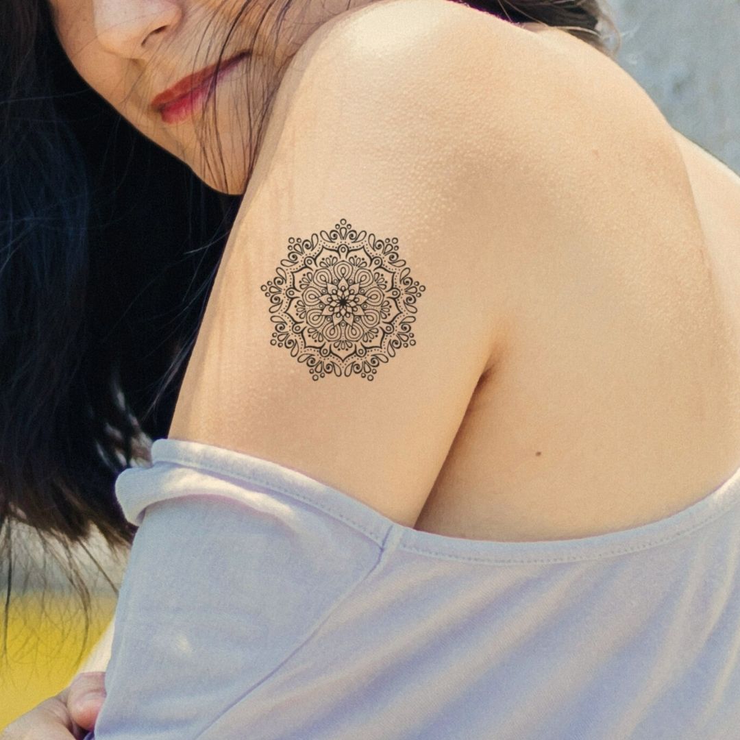 Floral mandala dotwork temporary tattoo - 1 | Temporalis