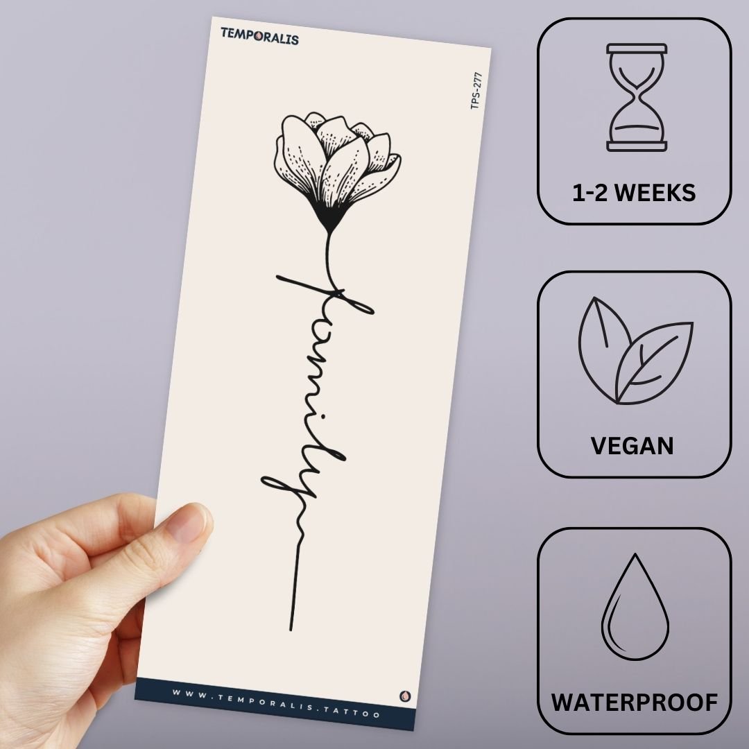 Flower & 'family' Script Temporary Tattoo, Fine Line - 3 | Temporalis