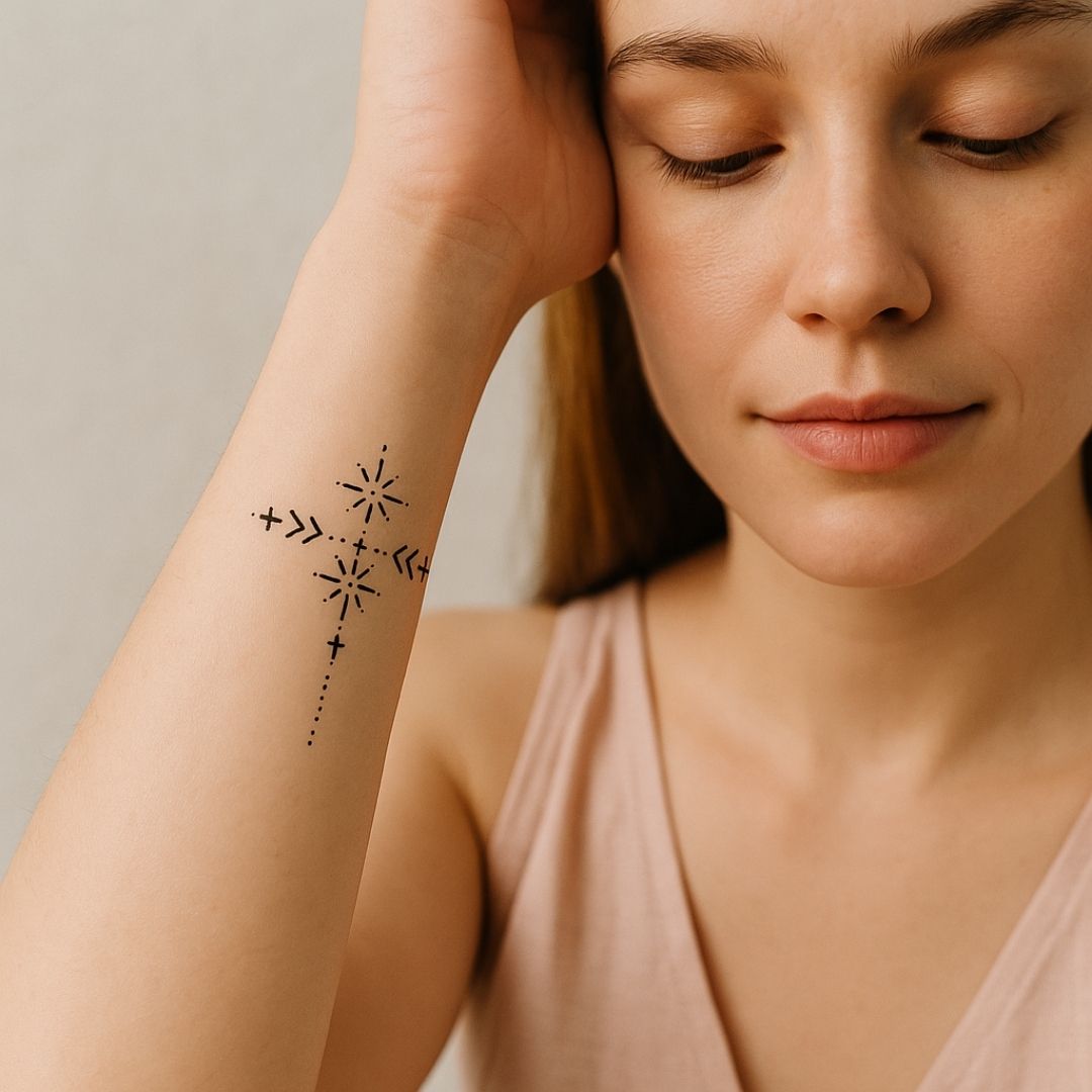 Geometric cross temporary tattoo with stars - 1 | Temporalis