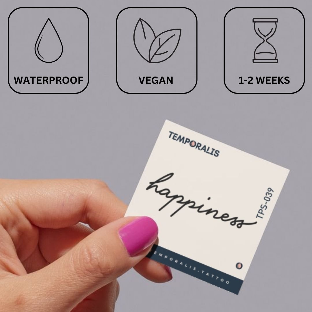 Happiness cursive script temporary tattoo - 3 | Temporalis