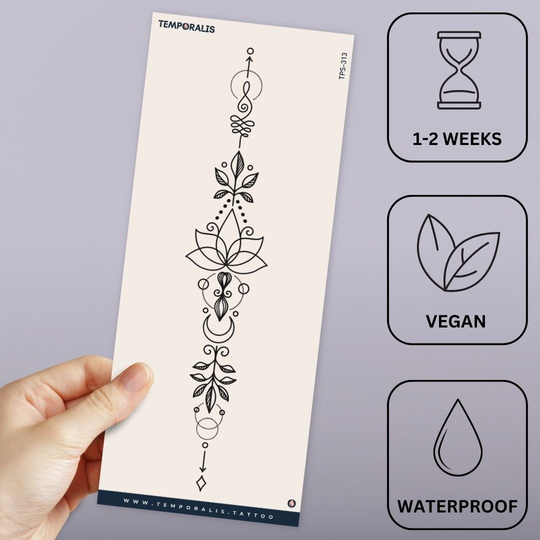 Lotus and crescent moon temporary tattoo, geometric line art - 3 | Temporalis