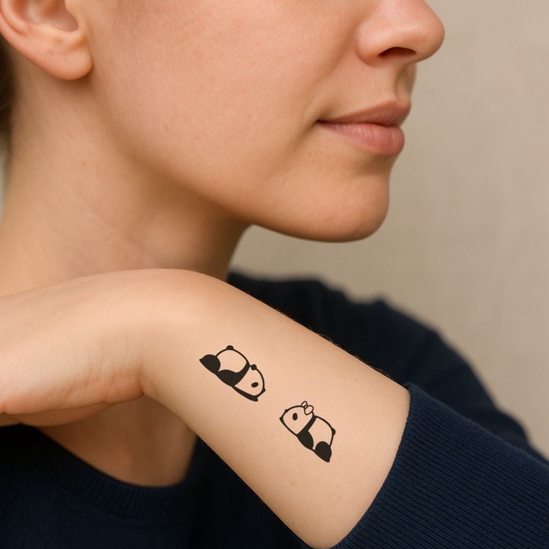 Lying down panda duo temporary tattoo, one with bow - 1 | Temporalis