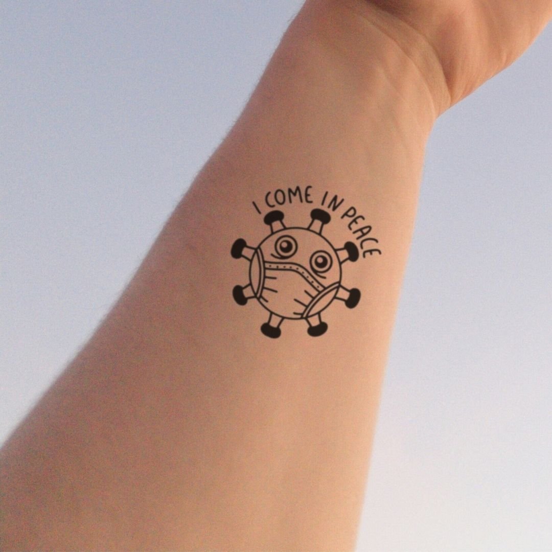 Masked virus temporary tattoo, cartoon style, 'I COME IN PEACE' - 1 | Temporalis