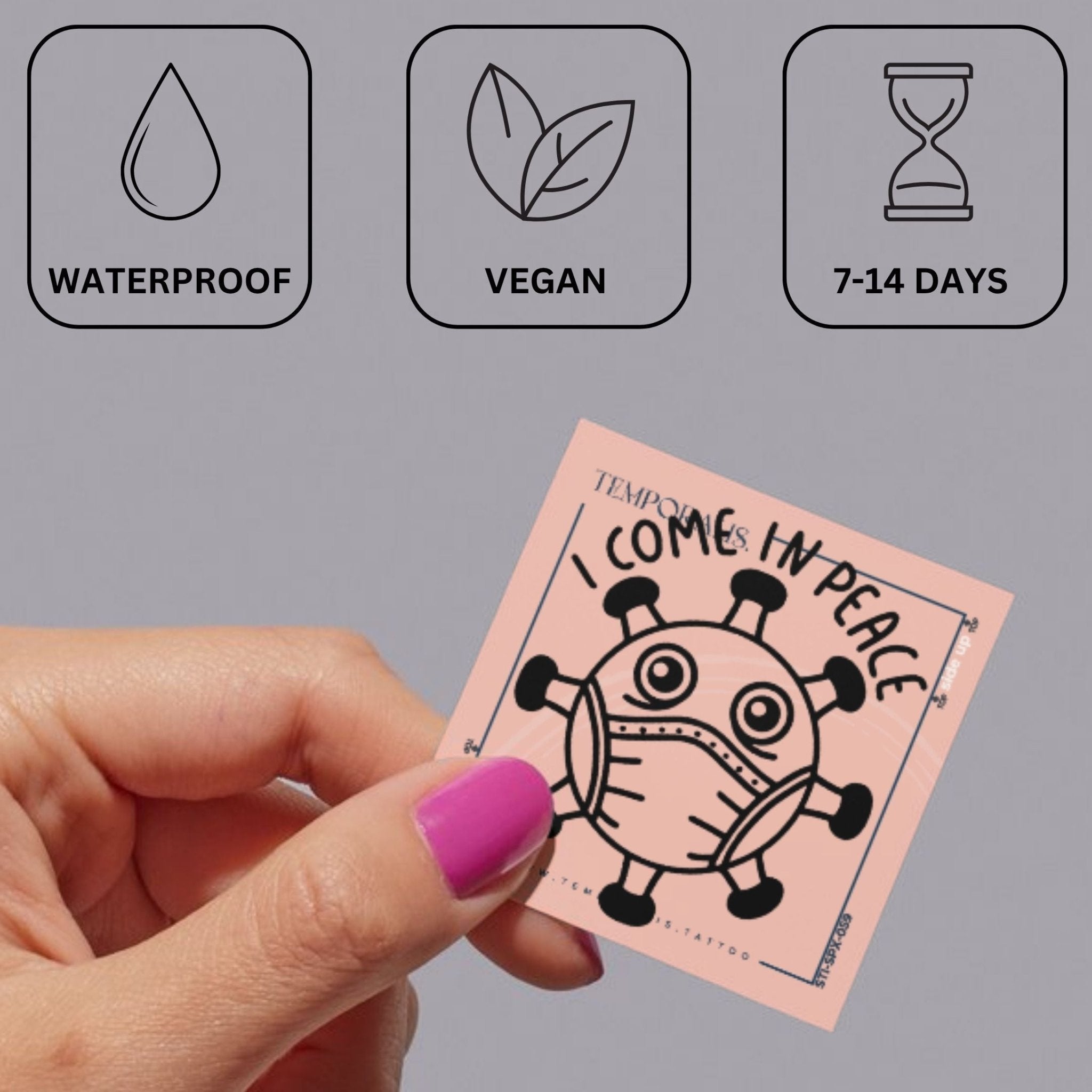 Masked virus temporary tattoo, cartoon style, 'I COME IN PEACE' 4 - Temporalis