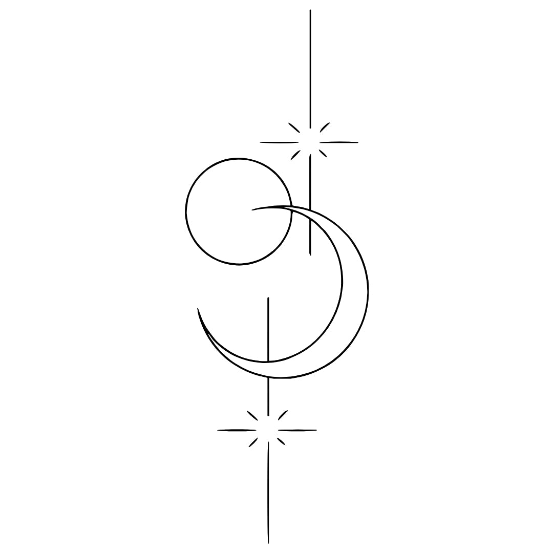 Minimalist line art crescent moon, circle and stars temporary tattoo - 2 | Temporalis