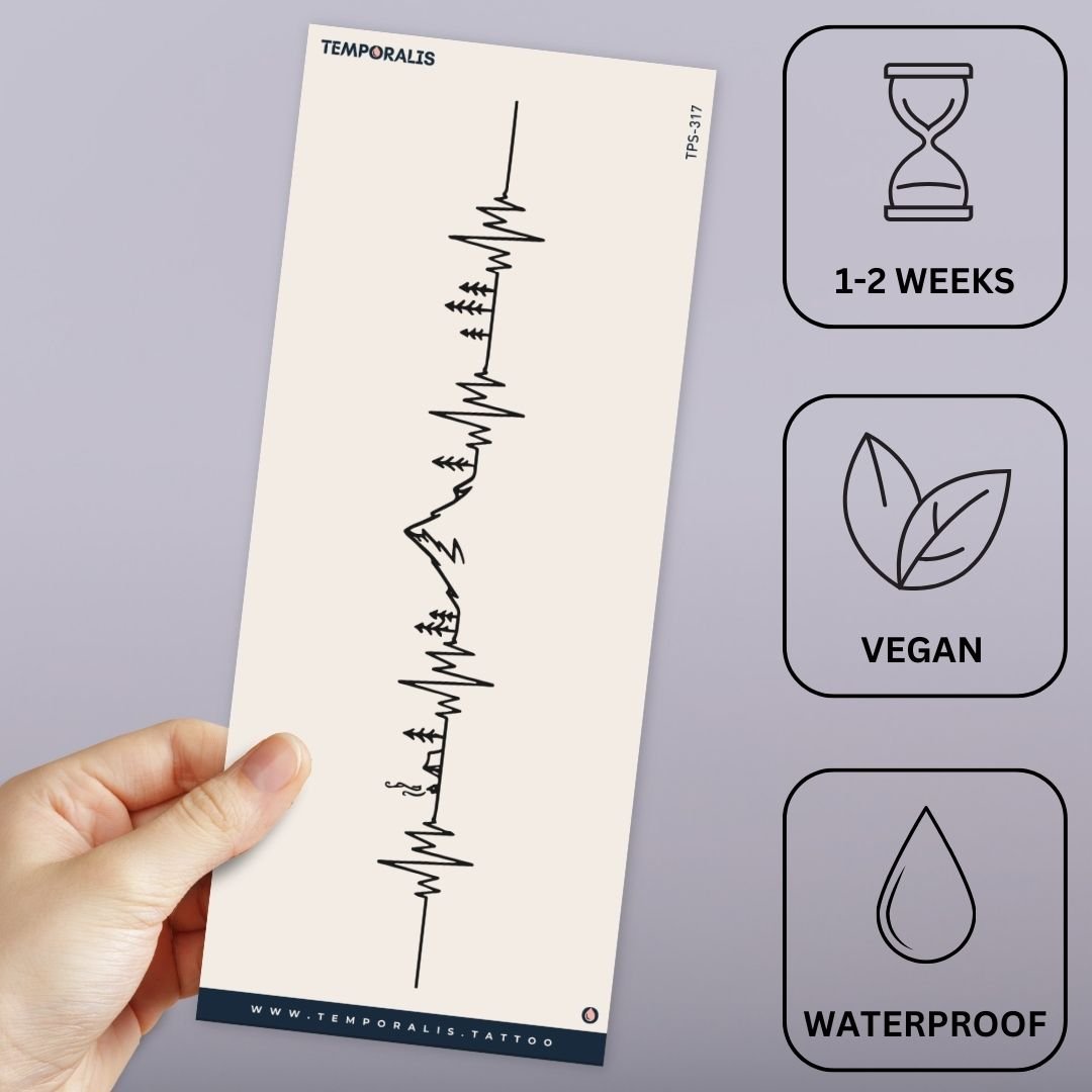 Mountain heartbeat line temporary tattoo with camping scene - 3 | Temporalis