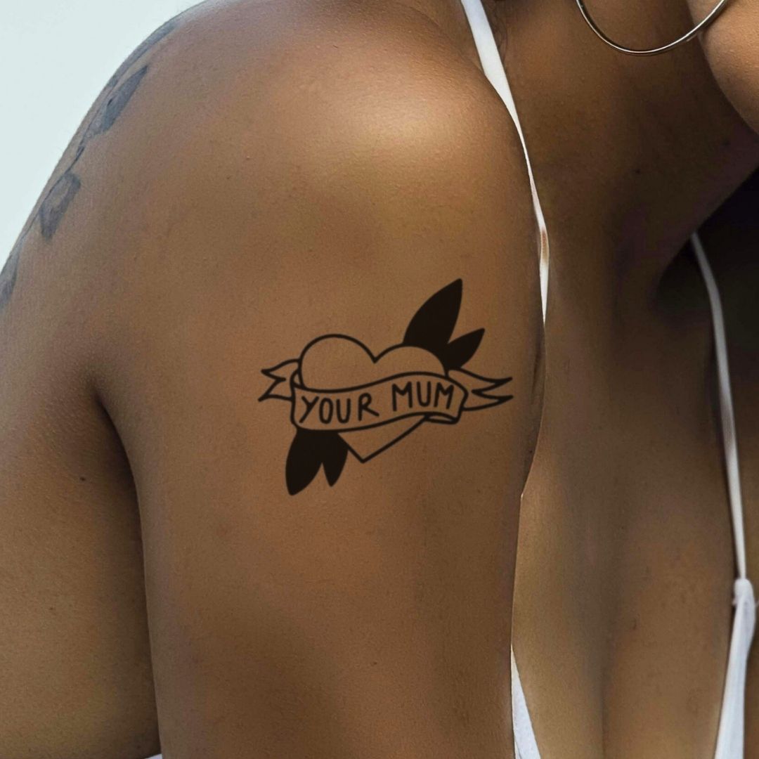 Old - school 'YOUR MUM' heart banner temporary tattoo - 1 | Temporalis