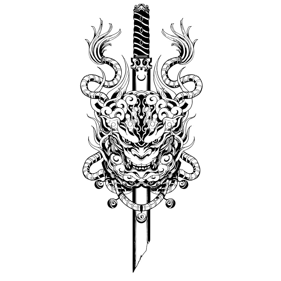 Oni Mask & Katana Temporary Tattoo - 2 | Temporalis