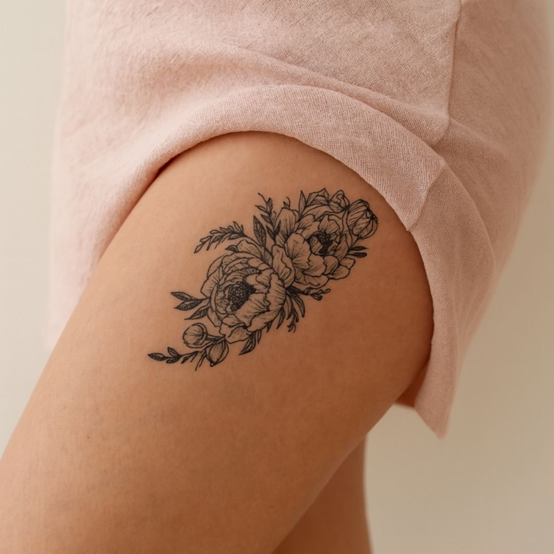 Peony bouquet temporary tattoo with leaves and buds - 1 | Temporalis