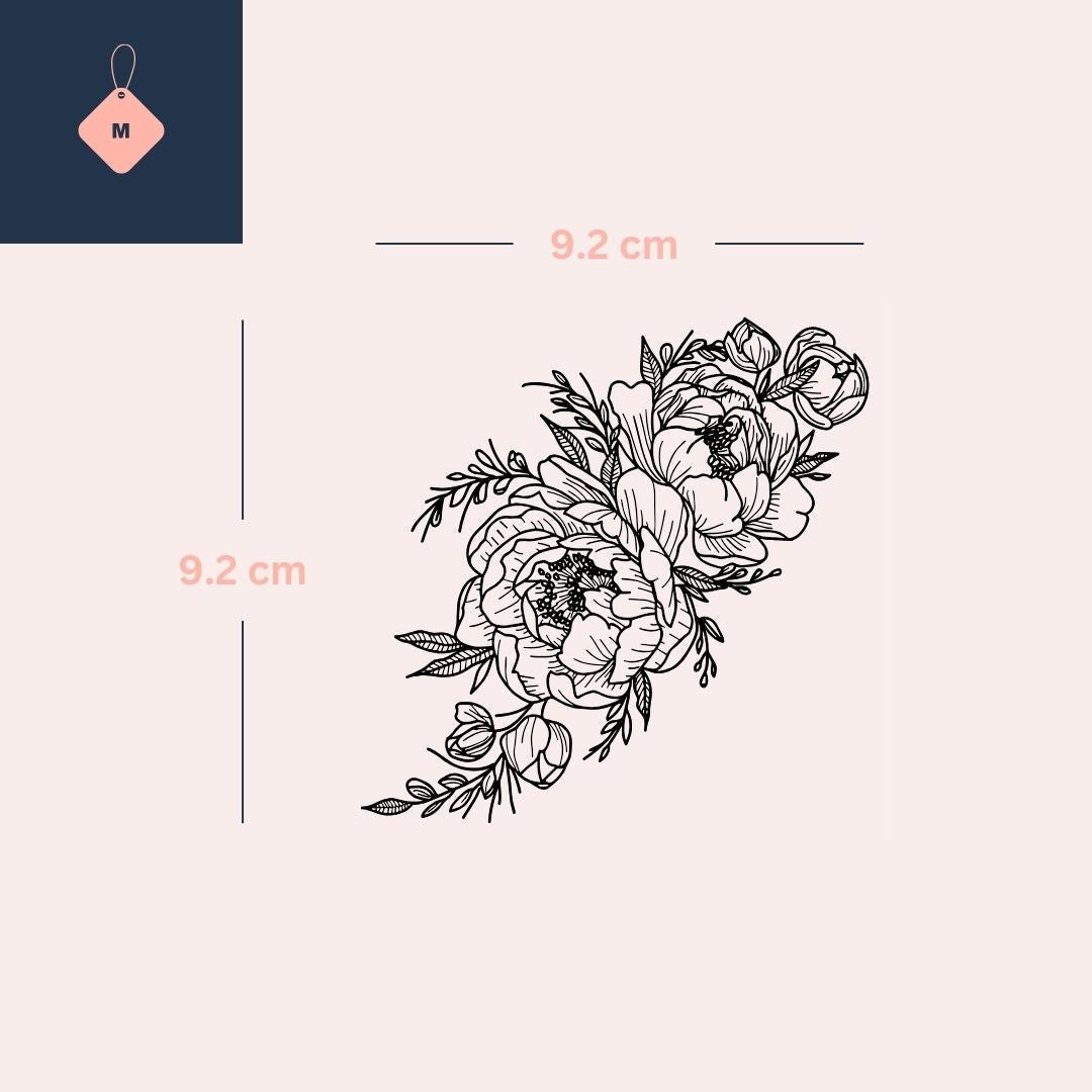 Peony bouquet temporary tattoo with leaves and buds - 4 | Temporalis