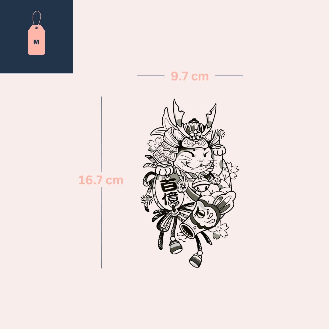 Samurai lucky cat temporary tattoo with lantern - 4 | Temporalis