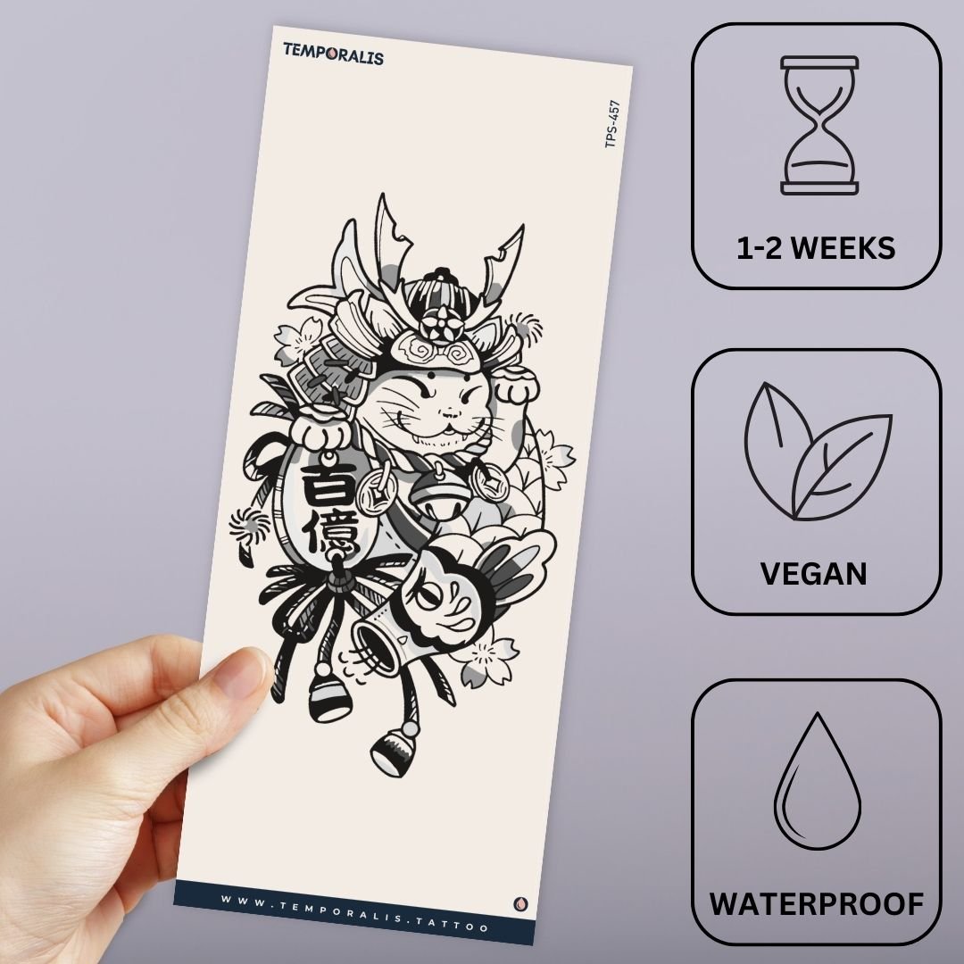 Samurai lucky cat temporary tattoo with lantern - 3 | Temporalis