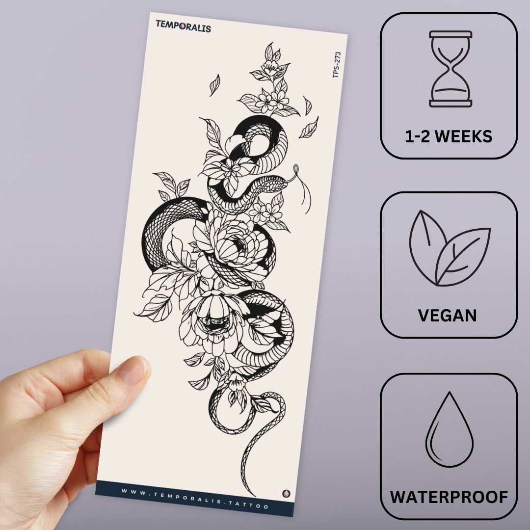 Snake with Flowers Linework Temporary Tattoo - 3 | Temporalis